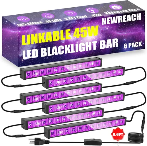 Barra de luz negra enlazable de 45 W x 6 con cable de 6.6 pies, brilla en la oscuridad, cada luz se ilumina 28 x 28 pies para fiesta de neón,