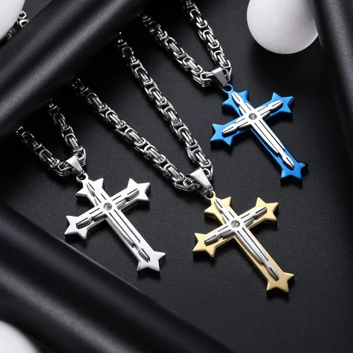 Miniatura 4 de Collar con colgante de cruz para hombres, niños, mujeres y niñas, collar de cruz de acero inoxidable, circonita cúbica, regalo de oración cristiana