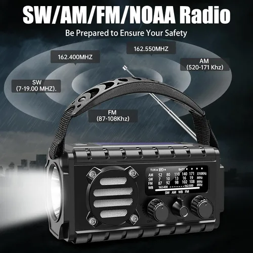 Miniatura 2 de Radio de emergencia con manivela de 20000 mAh, radio meteorológica SW/NOAA/AM/FM, cargador de manivela alimentado por energía solar con batería