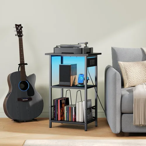 Miniatura 2 de HOOBRO Soporte para tocadiscos con estación de carga y LED, soporte para tocadiscos con almacenamiento, mesa auxiliar de 3 niveles con capacidad