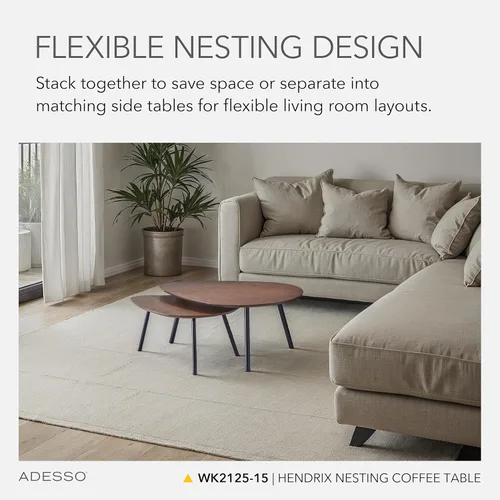 Miniatura 3 de Adesso Juego de dos mesas auxiliares anidables, chapa de roble nogal y patas de metal negro mate, mesas decorativas modernas versátiles para salas