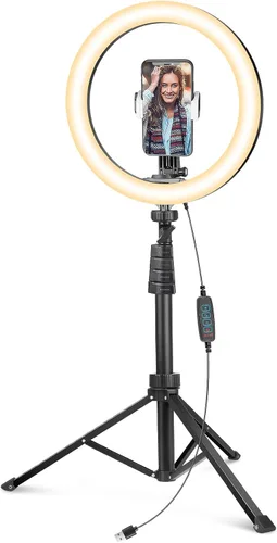 UBeesize - Anillo de luz para selfie con trípode y soporte para teléfono celular para transmisión en vivo/maquillaje, mini luz LED para cámara para