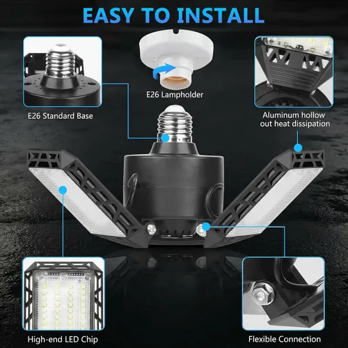 Miniatura 2 de 4 paquetes de luces LED para garaje, 60 W, luz de techo de garaje deformable, 8000 lm, E26, luces de sótano con 3 paneles LED ajustables, se adapta