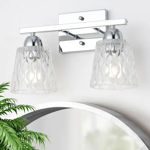 Miniatura 12 de Mecgirn Stainless Steel Bathroom Vanity Light Over Mirror, 1 Light Brushed Gold Bathroom Light Fixtures with Textured Glass Shades, Modern Vanity