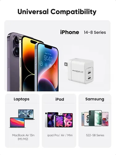 Miniatura 5 de PowerLot Cargador USB C, GaN III 35W Dual USB C Cargador de pared, PPS Bloque de carga súper rápida con enchufe plegable para iPhone 15 14 13 12 11