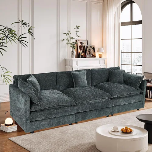 Miniatura 12 de Setawix Sofá Profundo de 3 Plazas con Otomana, Sofás de Nube en Forma de L de 112.2" para Sala de Estar, Sofá de Nube de Chenilla con Asiento Café