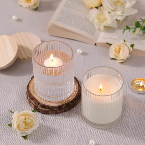 Miniatura 5 de sunnyfuture Juego de 8 tarros de vela transparentes de 10 onzas para hacer velas, tarros de vela de vidrio acanalado con tapas de madera