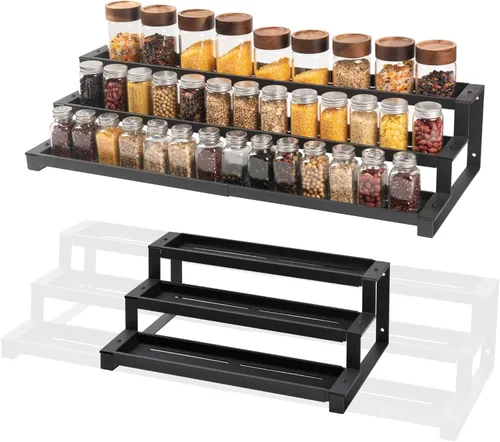 Miniatura 9 de Organizador de especias de 3 niveles para armario de cocina o despensa, estante de organización de especias expandible de 16 a 29 pulgadas