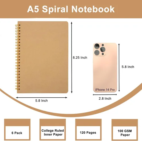 Miniatura 4 de Cuaderno de espiral a rayas, paquete de 6 cuadernos rayados para el trabajo y la escuela, diarios A5 a granel, tapa suave, diario de viaje