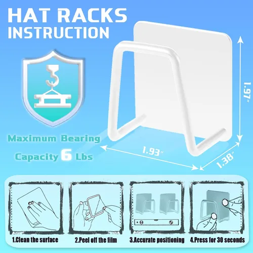 Miniatura 5 de Perchero para organizador de sombreros de pared (paquete de 6), estantes de metal para gorras de béisbol, ganchos adhesivos para sombreros