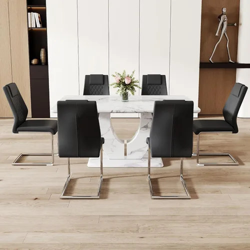 Miniatura 7 de JUFU Juego de mesa de comedor de 7 piezas para 6, mesa de cocina de mármol sintético blanco de 63 pulgadas con 6 sillas voladizas tapizadas, juego