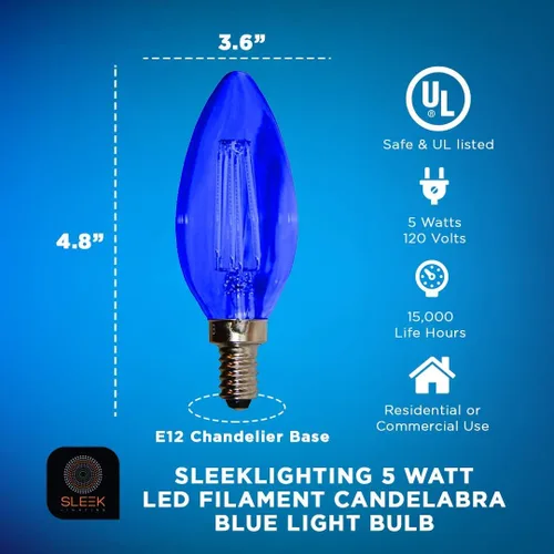 Miniatura 2 de Bombilla de filamento LED E12 de 5 W, bombilla azul (60 W de repuesto incandescente), punta de torpedo de candelabro, cubierta de vidrio