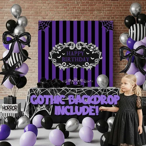 Miniatura 3 de Kit de guirnalda de arco de globos morados y negros con globos de Mylar de estrella de arco y telón de fondo gótico de cumpleaños globos de rayas