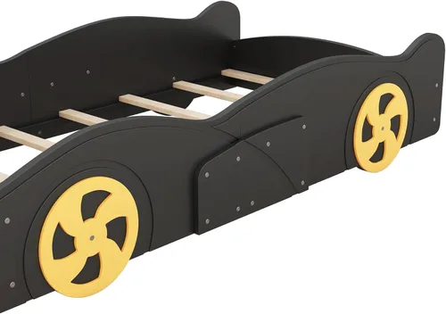 Miniatura 8 de Cama de plataforma en forma de auto de carreras de tamaño individual con ruedas y almacenamiento, base de cama de plataforma de madera maciza