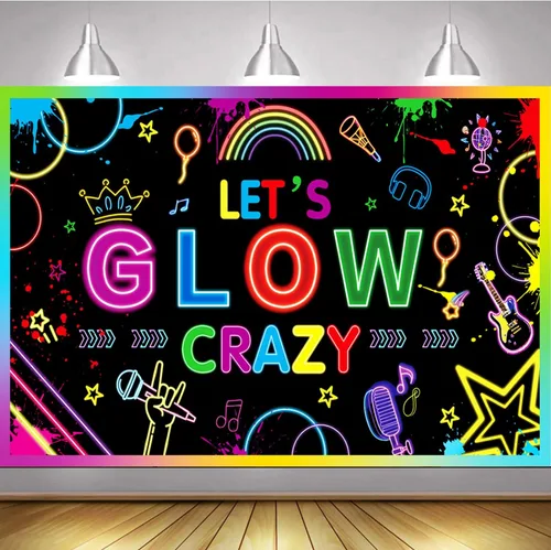 Let's Glow Crazy Backdrop, cartel de cumpleaños con temática de neón de 70.8 x 43.3 pulgadas, decoraciones de fiesta, fondo de fotografía bailarina