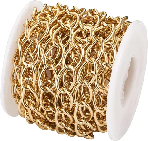 Miniatura 2 de FASHEWELRY Cadena de eslabones de aluminio de 16.4 pies sin soldar, rollo de cadenas de eslabones dorados con carrete para hacer collares, joyas