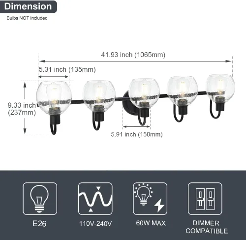 Miniatura 4 de Accesorios de iluminación de tocador de baño negros de 5 luces sobre espejo, iluminación moderna de pared con apliques de vidrio esmerilado
