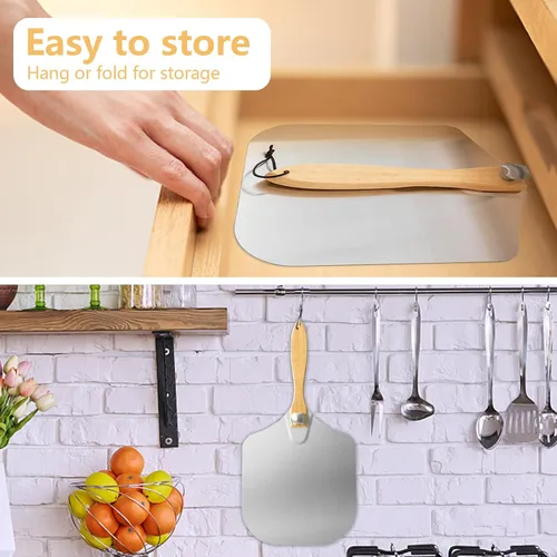 Miniatura 4 de Luvan Pala de pizza de metal de aluminio con mango de madera plegable, cáscara de pizza de aluminio de 12 x 14 pulgadas, paleta de pizza plegable