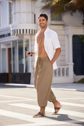 Miniatura 4 de COOFANDY Pantalones de harén hippie para hombre, holgados, de lino, algodón, pantalones de yoga, pantalones de playa de verano, pantalones casuales