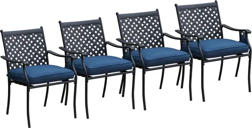 Miniatura 10 de Lokatse Home. Juego de 4 sillas para comedor de hierro forjado para exteriores, con brazos y cojines de asiento. Negro