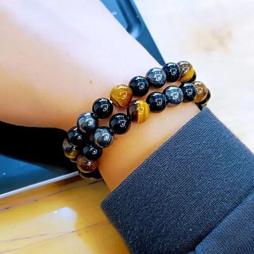 Miniatura 63 de Pulseras de triple protección con piedra de ojo de tigre de obsidiana negra con hematita para hombres y mujeres, pulsera de piedra curativa