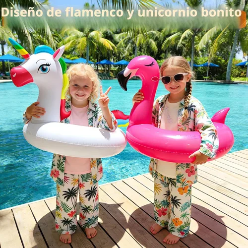 Miniatura 5 de Paquete de 2 flotadores inflables de flamenco y unicornio para niños de 3 a 8 años, flotadores divertidos, balsas, tubos de piscina, decoraciones