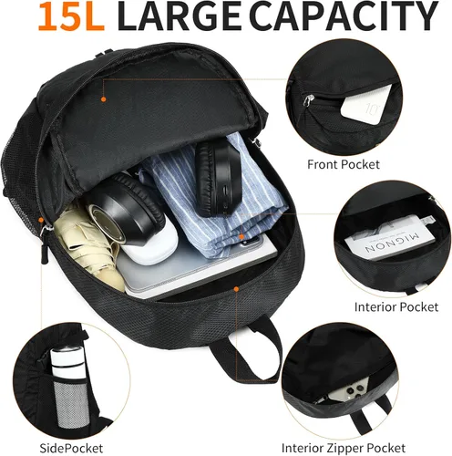 Miniatura 4 de Mochila pequeña de senderismo para viajes, ligera, plegable, mochila de día resistente al agua, mochilas plegables de 15L para viajes, mujeres, Negro
