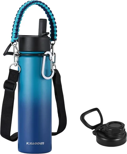 Miniatura 35 de KXIAOCHEN Botella de agua aislada, botella de agua de acero inoxidable, 2 tapas (con pajilla y tapa con asa), botellas de agua metálicas de boca