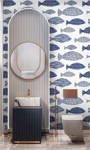 Miniatura 4 de HAOKHOME Papel tapiz autoadhesivo para despegar y pegar, diseño abstracto de peces costeros, enrejado del mundo submarino, papel de contacto