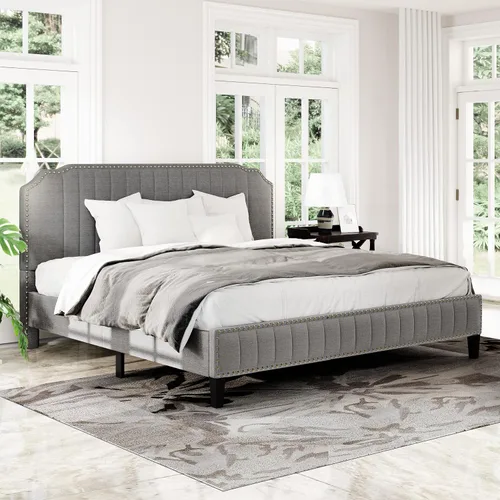 Miniatura 5 de Base de cama tapizada Queen con cabecero, base de colchón con soporte de listones de madera, cama de plataforma moderna, no necesita somier, fácil