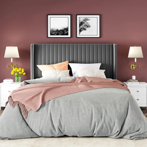 Miniatura 3 de Allewie - Base de cama tamaño Full con cabecera acolchada tapizada en terciopelo y diseño acanalado vertical; plataforma de cama tapizada; listones