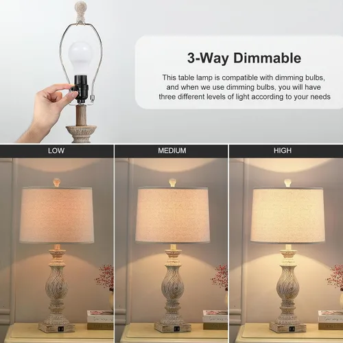 Miniatura 3 de 26.3” Rustic Table Lamps Set of 2 for Living Room Bedroom Beside Lamps with USB Charging Ports,Vintage Nightstand Lamp Farmhouse Dimmable End Table