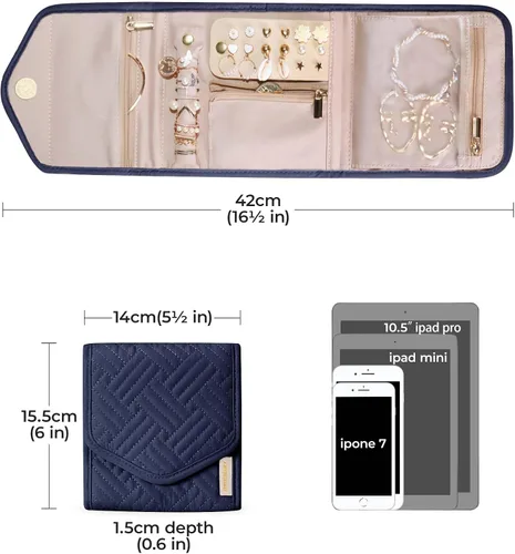 Miniatura 6 de BAGSMART Estuche organizador de joyas de viaje plegable para anillos, collares, aretes, pulseras, mini, azul ahumado