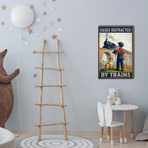 Miniatura 5 de Letrero de hojalata fácilmente distraído por trenes – Decoración de tren para habitación de niños y hombres – Regalos de tren para papá