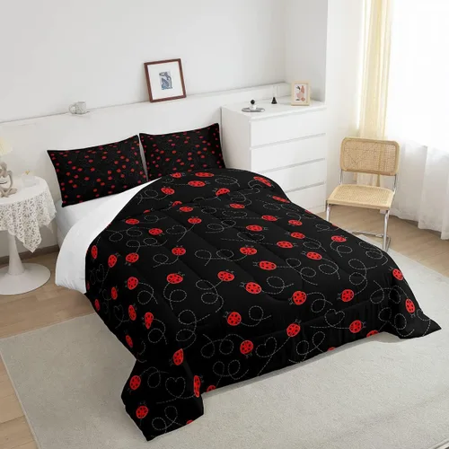 Miniatura 4 de jejeloiu Lindo juego de edredón de mariquita roja de dibujos animados, juego de ropa de cama para niños y niñas, decoración de animales kawaii