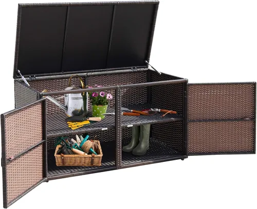 Miniatura 10 de HAPPYGRILL Caja de almacenamiento de mimbre para exteriores, caja de almacenamiento de mimbre para patio, 88 galones, caja de almacenamiento