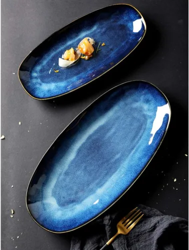 Miniatura 4 de Cabilock Bandeja de pescado Placa de sushi de cerámica Blue Black Snack Serving Plate para fiesta de boda