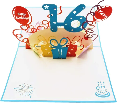Miniatura 5 de iGifts And Cards Tarjeta desplegable 3D de cumpleaños de 16 años, regalos coloridos y escena de celebración de globos, divertido saludo