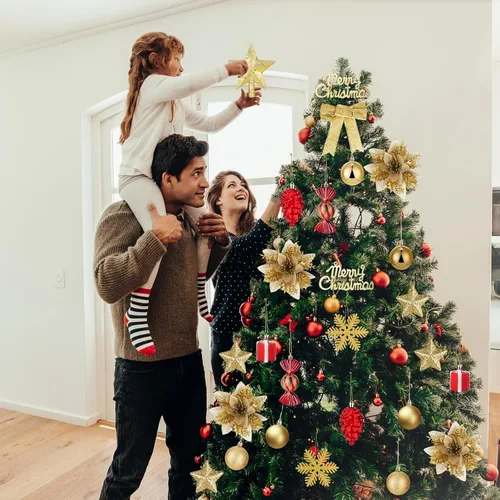 Miniatura 6 de Liliful - Juego de adornos para árbol de Navidad de 132 piezas, incluye bolas de Navidad, adornos LED, luces, purpurina, lazos de flor de pascua