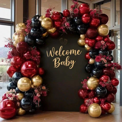 Miniatura 5 de Guirnalda de globos de color burdeos y negro con doble relleno, color rojo oscuro, dorado, granate y negro, kit de arco de globos para cumpleaños