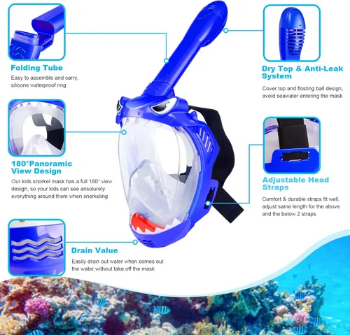 Miniatura 2 de Full Face Snorkel Mask for Kids with 180° Panoramic View, Snorkeling Set Featuring Anti-Leak and Anti-Fog Foldable Dry Top Design for Safe Azul