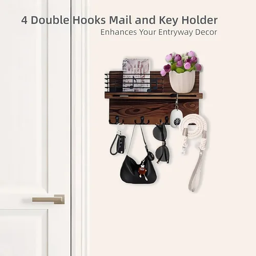 Miniatura 2 de Soporte para llaves de pared, soporte para llaves en la pared con estante, soporte para llaves y correo para pared con 4 ganchos dobles para correa