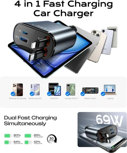 Miniatura 6 de LISEN - Cargador retráctil para automóvil, adaptador de cargador de automóvil USB C de 69 W, carga rápida para iPhone 16, 15, 14, 13, 12, Samsung