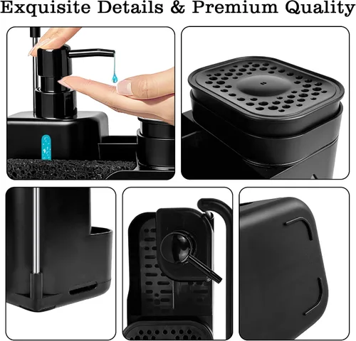 Miniatura 8 de Juego de dispensador de jabón para manos y platos de cocina (negro) – Botellas de doble bomba con soporte para esponja, soporte para cepillo, barra