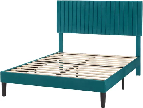 Miniatura 8 de SHA CERLIN - Base de cama tamaño Queen tapizada con plataforma y cabecera acolchada de terciopelo con canales verticales ajustables, soporte