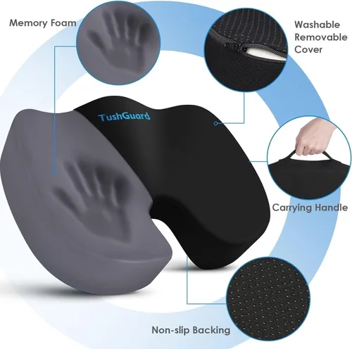 Miniatura 3 de TushGuard - Cojín de asiento para silla de oficina de espuma viscoelástica antideslizante, cojín de escritorio para la espalda, coxis, ciática, Negro