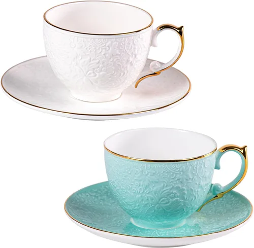 Miniatura 34 de KAMMAK Juego de 2 tazas de té y platillos, tazas de café de porcelana fina, tazas de café expreso apilables, demitasse de cerámica para café
