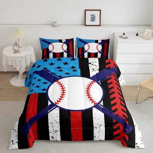 Feelyou Juego de edredón de béisbol, juego de ropa de cama de juegos deportivos, edredón de béisbol con bandera estadounidense vintage, juego de