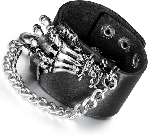 Pulsera gótica punk con calavera para hombres y mujeres, correa ancha ajustable de cuero negro con tachuelas de rock, punk, motociclista, para