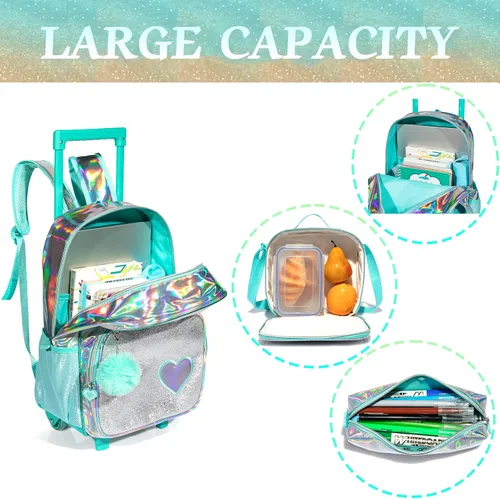 Miniatura 18 de Mochila con ruedas para niñas, mochila escolar con ruedas, bolsa escolar con bolsa de almuerzo y bolsa para lápices, mochila con ruedas para niños